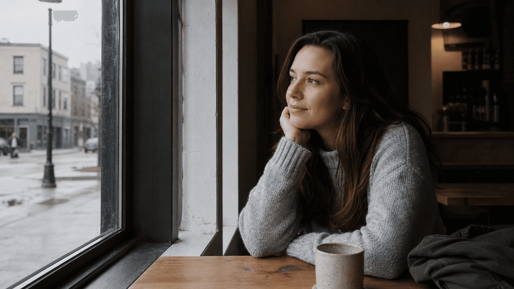 A woman sitting beside a cafe window with soft daylight falling across her face